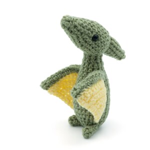 May include: A green crocheted pterodactyl toy with yellow wings. The toy has black eyes and a small beak.