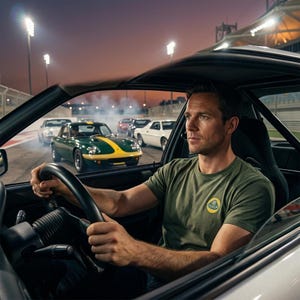 May include: An olive green t-shirt featuring a circular yellow and green Lotus logo on the chest. The shirt is worn by a driver sitting in the cockpit of a car, with a green and yellow vintage sports car visible on a racetrack in the background.