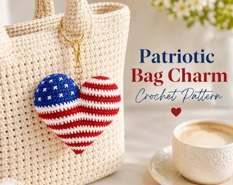 Heart Bag Charm Crochet Pattern, Patriotic Purse Accessory PDF, American Flag Keychain Charm