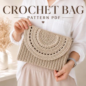 May include: A beige crochet bag with a semi-circular flap featuring a textured stitch pattern. The text CROCHET BAG PATTERN PDF is displayed above the bag. The bag has a rectangular body with a ribbed texture and a metal ring on the side.