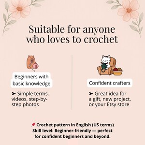 Puede incluir: Gr&aacute;fico rosa claro con texto que dice "Adecuado para cualquiera que ame tejer". La imagen incluye ilustraciones de un castor y un gato tejiendo, y texto que describe el patr&oacute;n como apto para principiantes.