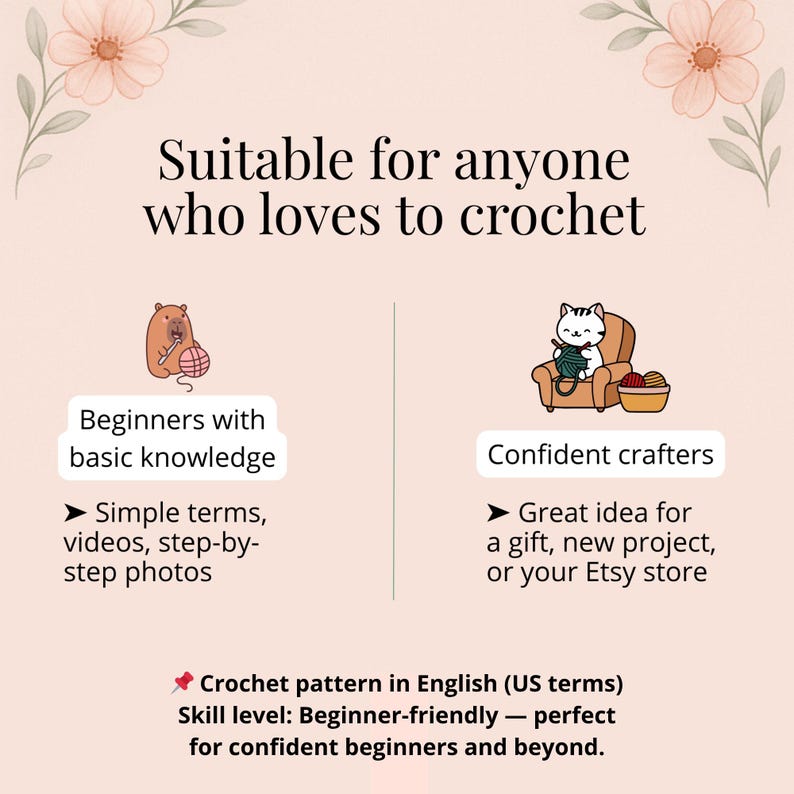 Puede incluir: Gr&aacute;fico rosa claro con texto que dice "Adecuado para cualquiera que ame tejer". La imagen incluye ilustraciones de un castor y un gato tejiendo, y texto que describe el patr&oacute;n como apto para principiantes.