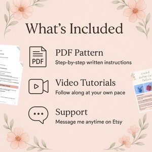 May include: A digital product graphic with the text "What's Included" and icons for a PDF pattern, video tutorials, and support. The background is a soft peach color with floral accents. The text "Crochet AirPods Case Pattern" is also visible.