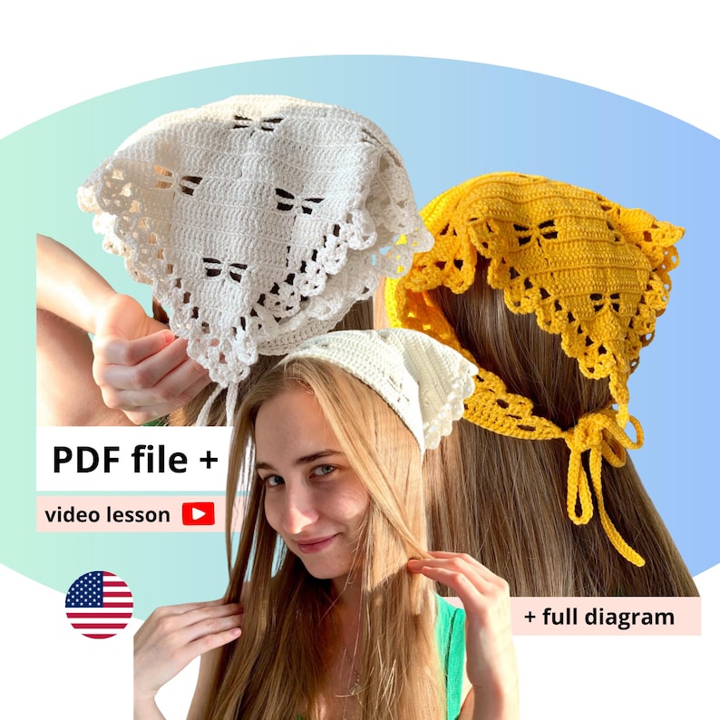 K&ouml;nnte beinhalten: Geh&auml;kelte Kopft&uuml;cher in Wei&szlig; und Gelb mit zartem Lochmuster. Das wei&szlig;e Tuch hat einen gewellten Rand und Schleifenakzente. Das Bild enth&auml;lt den Text "PDF file + video lesson" und die amerikanische Flagge. Ein Handarbeitsartikel.