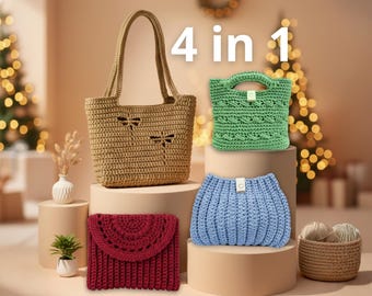 Crochet Bag Pattern Set (4-in-1) — Gift Ideas | Beginner-Friendly PDF + Videos | Tote, Clutch, Crossbody | Instant Download
