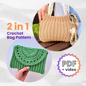 Pode incluir: A imagem mostra dois padrões de bolsas de crochê. Vê-se uma bolsa tote bege canelada com alças creme, juntamente com uma pequena clutch verde com uma aba decorativa. O texto diz "2 em 1 Padrão de bolsa de crochê" e "PDF + vídeo".