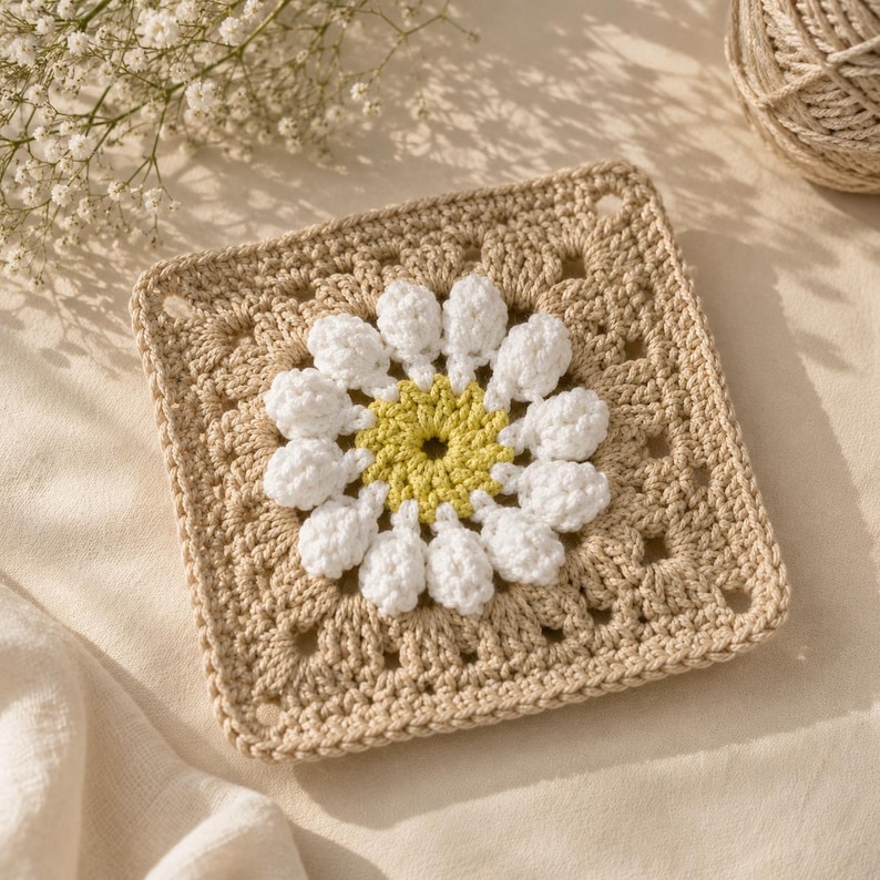 Mönster för rutor till filt av tusensköna, blommig mormors ruta i PDF-format, virkat afghanskt block, handledning för blommotiv bild 12
