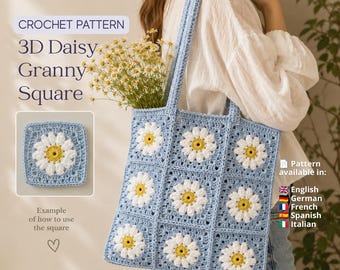 3D Daisy Granny Square Crochet Pattern, PDF Tutorial, Floral Motif Bag Design, 5 Languages Included