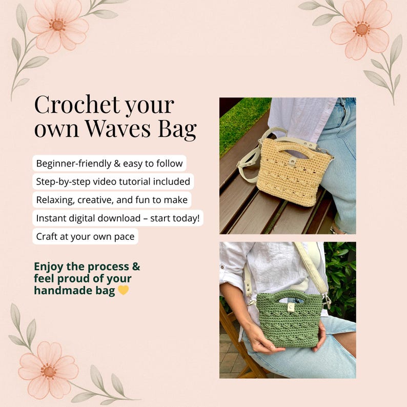 Puede incluir: La imagen muestra dos bolsos Waves de ganchillo, uno beige y otro verde, con correas blancas. El texto promociona el patr&oacute;n "Crochet your own Waves Bag", destacando su facilidad de uso y descarga digital instant&aacute;nea. Los bolsos son hechos a mano.