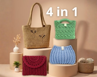 4-in-1 Crochet Bag Pattern Bundle | PDF + Video Tutorials | Tote, Clutch, Crossbody, Seashell Bag | Instant Download