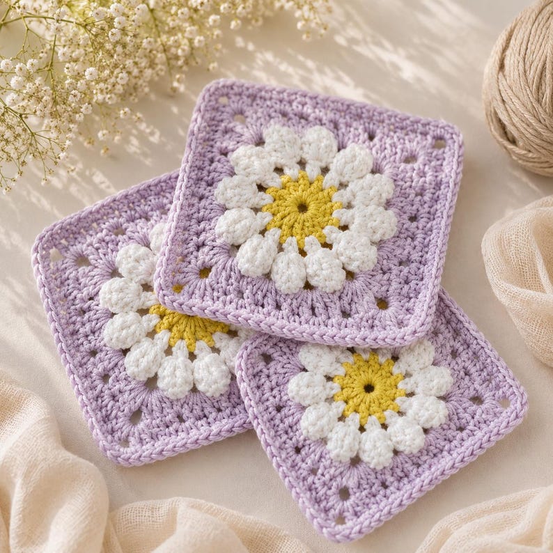 Mönster för rutor till filt av tusensköna, blommig mormors ruta i PDF-format, virkat afghanskt block, handledning för blommotiv bild 9