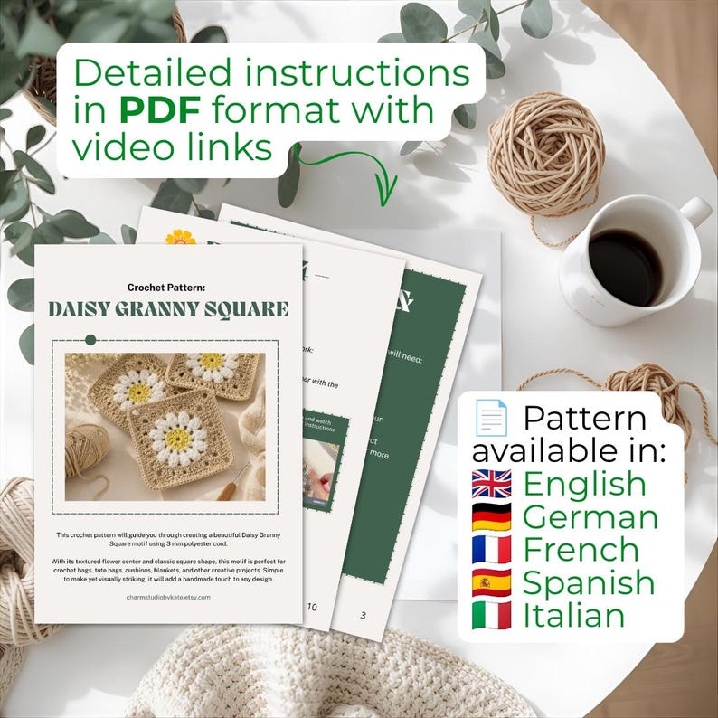 Mönster för rutor till filt av tusensköna, blommig mormors ruta i PDF-format, virkat afghanskt block, handledning för blommotiv bild 3