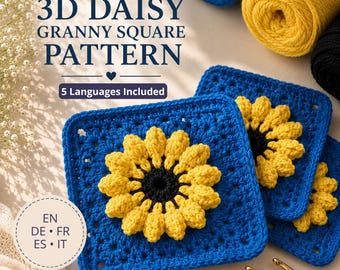 Mönster för 3D-prästkrage till mormors rutor, virkat blommotiv i PDF-format, 5 språk inkluderade