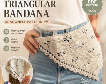 Virkat triangulärt huvudduksmönster – Dragonfly Stitch Bandana med videoinstruktioner