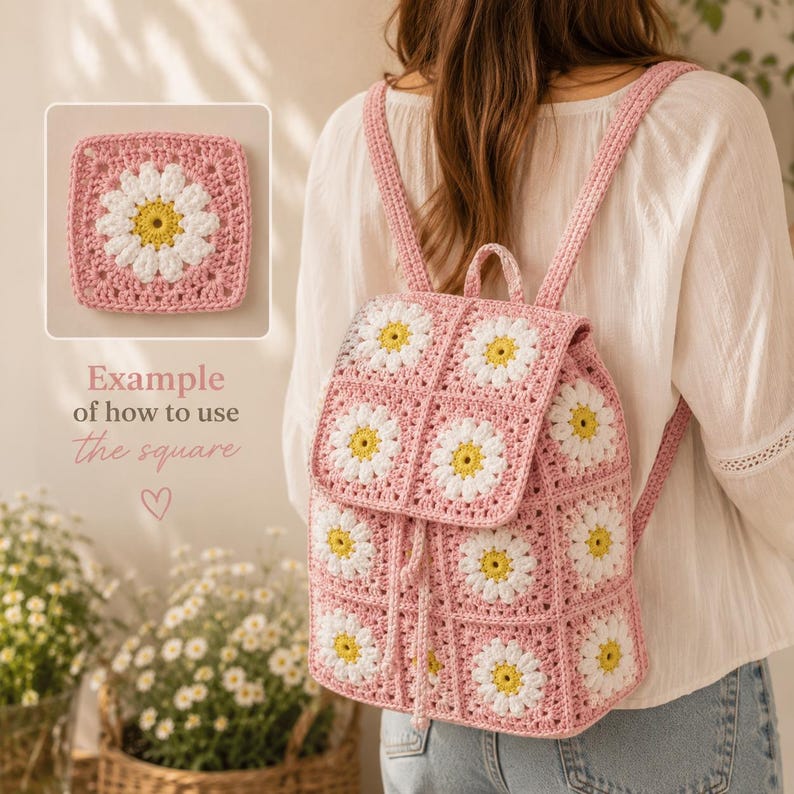 Mönster för rutor till filt av tusensköna, blommig mormors ruta i PDF-format, virkat afghanskt block, handledning för blommotiv bild 8