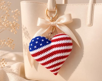 Crochet Heart Bag Charm Pattern, American Flag Keychain Accessory (PDF)