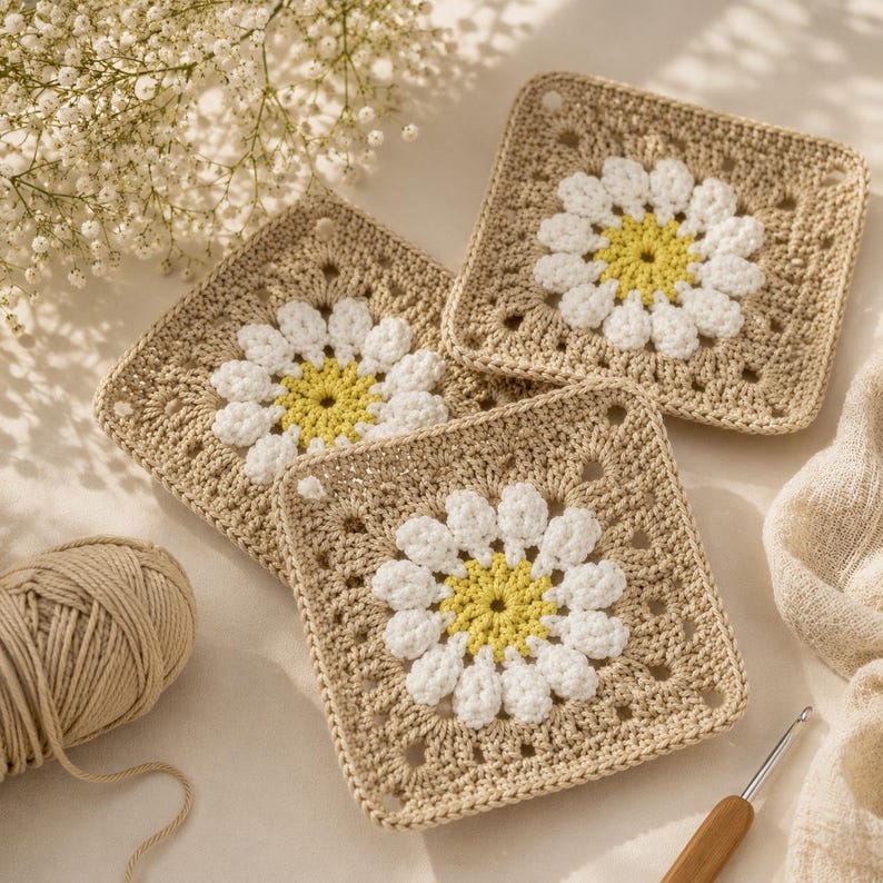 Mönster för rutor till filt av tusensköna, blommig mormors ruta i PDF-format, virkat afghanskt block, handledning för blommotiv bild 4