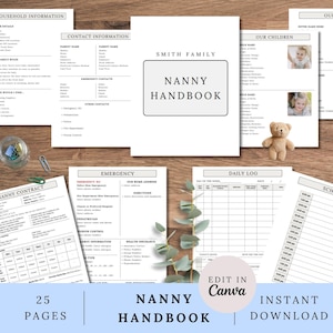 May include: A collection of printed pages for a Smith Family Nanny Handbook, including sections for household information, contact details, emergency procedures, a nanny contract, daily logs, and schedules, featuring text and placeholders for photos.