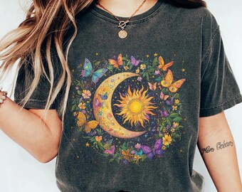 Vintage Bizarre Mystical Moon Sun T-Shirt, Boho Flower Butterfly Design, Moon Sun T-Shirt, Artistic Celestial Tee Shirt, Unique Boho Shirt