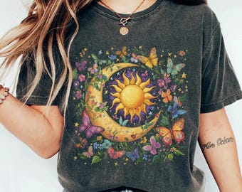 Bizarre Mystical Moon Sun T-Shirt, Boho Flower Butterfly Design, Moon Sun T-Shirt, Artistic Celestial Tee Shirt, Unique Boho Shirt