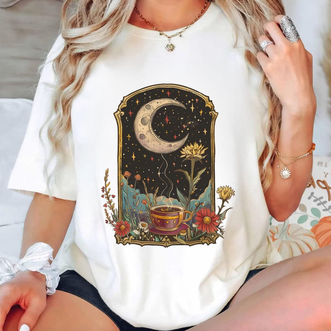 Celestial Moon Boho Flowers Vintage Unisex Bamboo/Cotton Graphic T-Shirt