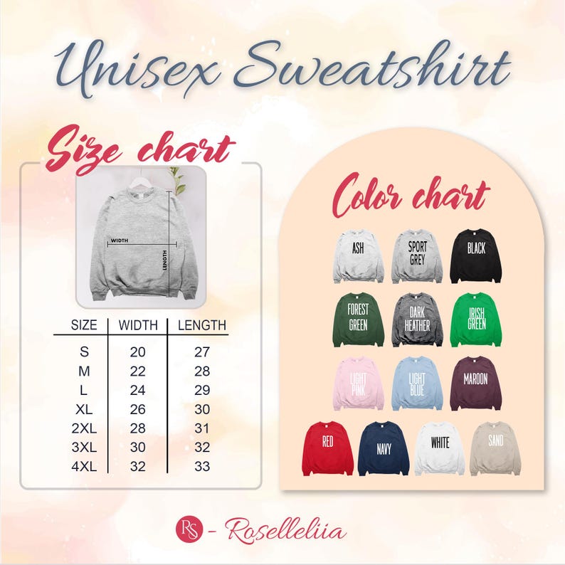 May include: Image features a size and color chart for a unisex sweatshirt. The size chart shows measurements in inches, with sizes ranging from S to 4XL. The color chart displays various sweatshirt colors, including Ash, Black, and Red.
