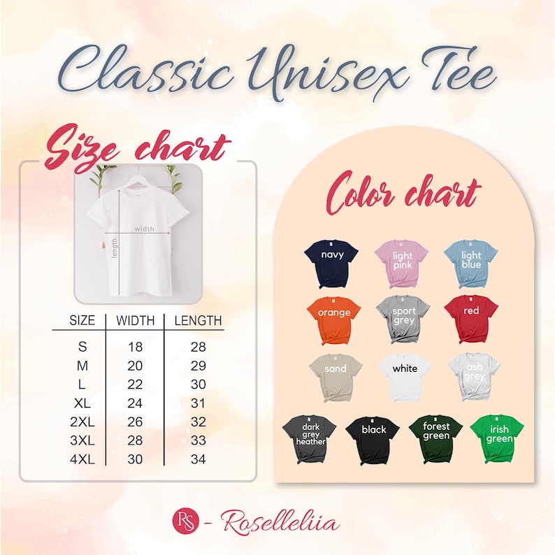 May include: Image of a white Classic Unisex Tee with a size chart and color chart. The size chart shows measurements in inches. The color chart displays various shirt colors, including navy, orange, and forest green.