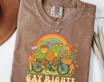 Chemise des droits des homosexuels - T-shirt rétro grenouille LGBTQ - T-shirt vintage couleurs confort - Joli graphique de vélo arc-en-ciel - Cadeau de soutien aux droits des homosexuels