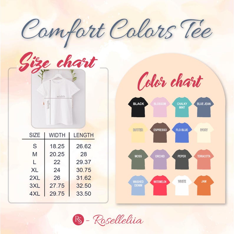 May include: A graphic showing a Comfort Colors Tee size chart and color chart. The size chart displays measurements in inches for sizes S to 4XL. The color chart features various t-shirt colors, including black, blossom, and blue jean.