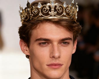 Men's Gold Fleur-De-Lis Crown with Crystal Accents,Gothic Crown for Men,Medieval King Crown,Prince Crown,King crown,Vintage Jewelry Gift