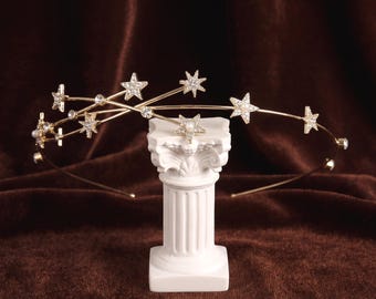 Diadema nupcial Estrella Celestial - Tiara nupcial de doble banda con diamantes de imitación y perlas, tocado nupcial celestial para la novia