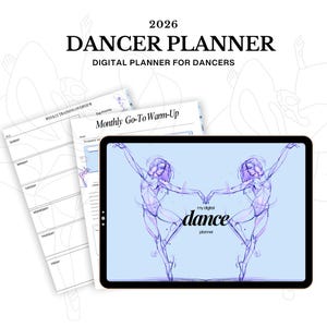 May include: A digital dancer planner for 2026. The planner includes a tablet displaying a dancer illustration, and printed pages for weekly training and monthly warm-ups. Text on the tablet reads "my digital dance planner."
