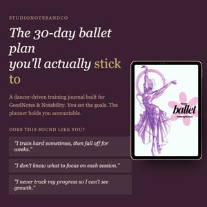 Könnte beinhalten: Ein digitaler 30-Tage-Ballett-Trainingsplaner auf einem Tablet-Bildschirm. Das Cover zeigt eine violette Skizze einer tanzenden Person und eine rosa Blume mit dem Text 30 Day ballet Training Planner. Der Hintergrund ist dunkelviolett mit weißem Text.