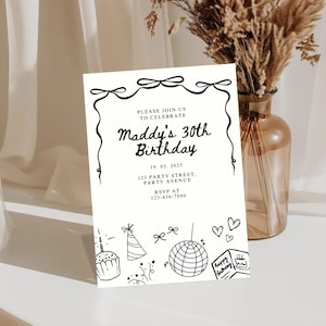 Faire-part d'anniversaire minimaliste - Invitation de fête d'anniversaire 30e anniversaire dessinée numériquement à la main, 20, 30, 40, 50, modèle d'invitation modifiable sur toile