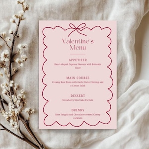 MENÚ DEL DÍA DE GALERÍA: menú rosa y rojo, plantilla de menú con lazo, menú de San Valentín, menú de despedida de soltera, menú de aniversario editable, menú de bar