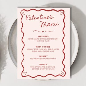 MENÚ DEL DÍA DE SAN VALENTÍN, Menú del día de San Valentín, Menú rosa y rojo, Plantilla de menú retro vintage, Despedida de soltera, Plantilla editable en Canva