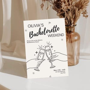 Invitación moderna para despedida de soltera: invitación minimalista en blanco y negro, itinerario de despedida de soltera con temática de champán, descarga digital editable