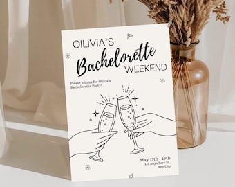 Modern Bachelorette Party Invitation – Minimalist Black & White Invite, Champagne Theme Bridal Shower Itinerary, Editable Digital Download