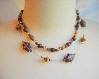 Art Glass Two Tier Necklace in Shades of Brown, Time Raveler