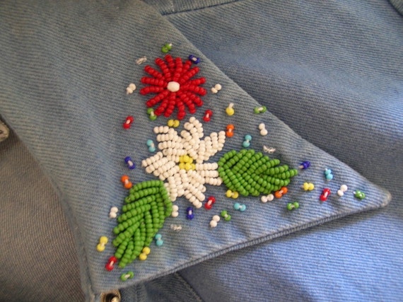 Flower Power 60s Beaded Blue Denim Jacket, Time R… - image 5