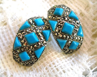 Sterling Silver, Marcasite and Turquoise Earrings