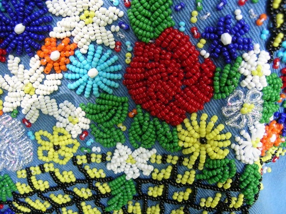 Flower Power 60s Beaded Blue Denim Jacket, Time R… - image 1