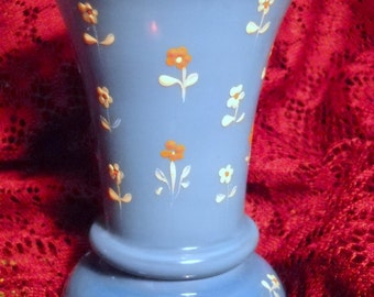 1930s Sky Blue Blown Glass Hand Painted Flowers Vase, Time Raveler