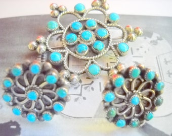 Sterling and Turquoise Zuni Petit Point Demi Parure Earrings and Brooch, Time Raveler