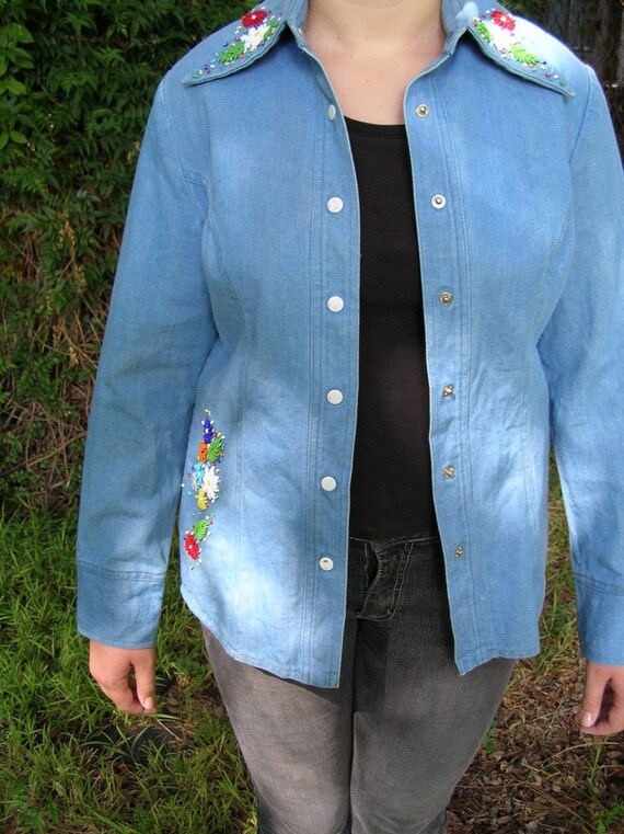 Flower Power 60s Beaded Blue Denim Jacket, Time R… - image 3