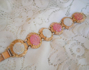 Hobe 1960s Exceptional Pink and White Glass Medallion Bracelet