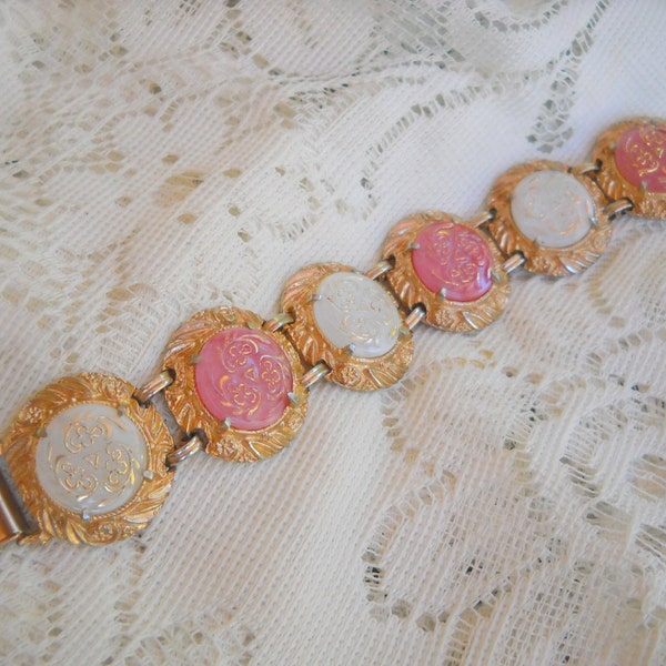 Hobe 1960s Exceptional Pink and White Glass Medallion Bracelet