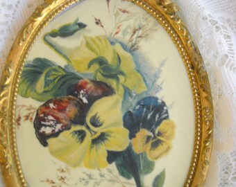 Circa 1900 Pansy Painting on Celluloid in Ornate Brass Frame