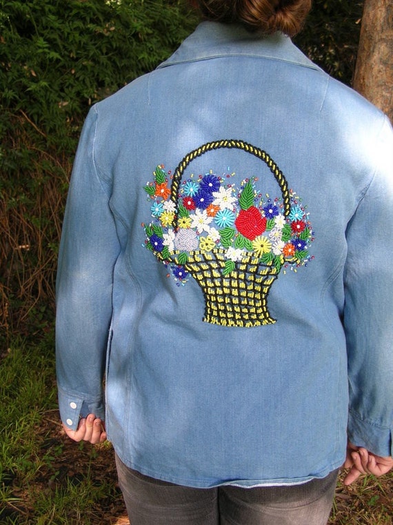 Flower Power 60s Beaded Blue Denim Jacket, Time R… - image 2