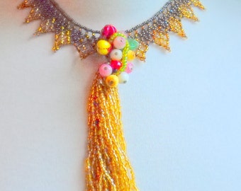 Golden Beadwork Collar OOAK Necklace, Time Raveler